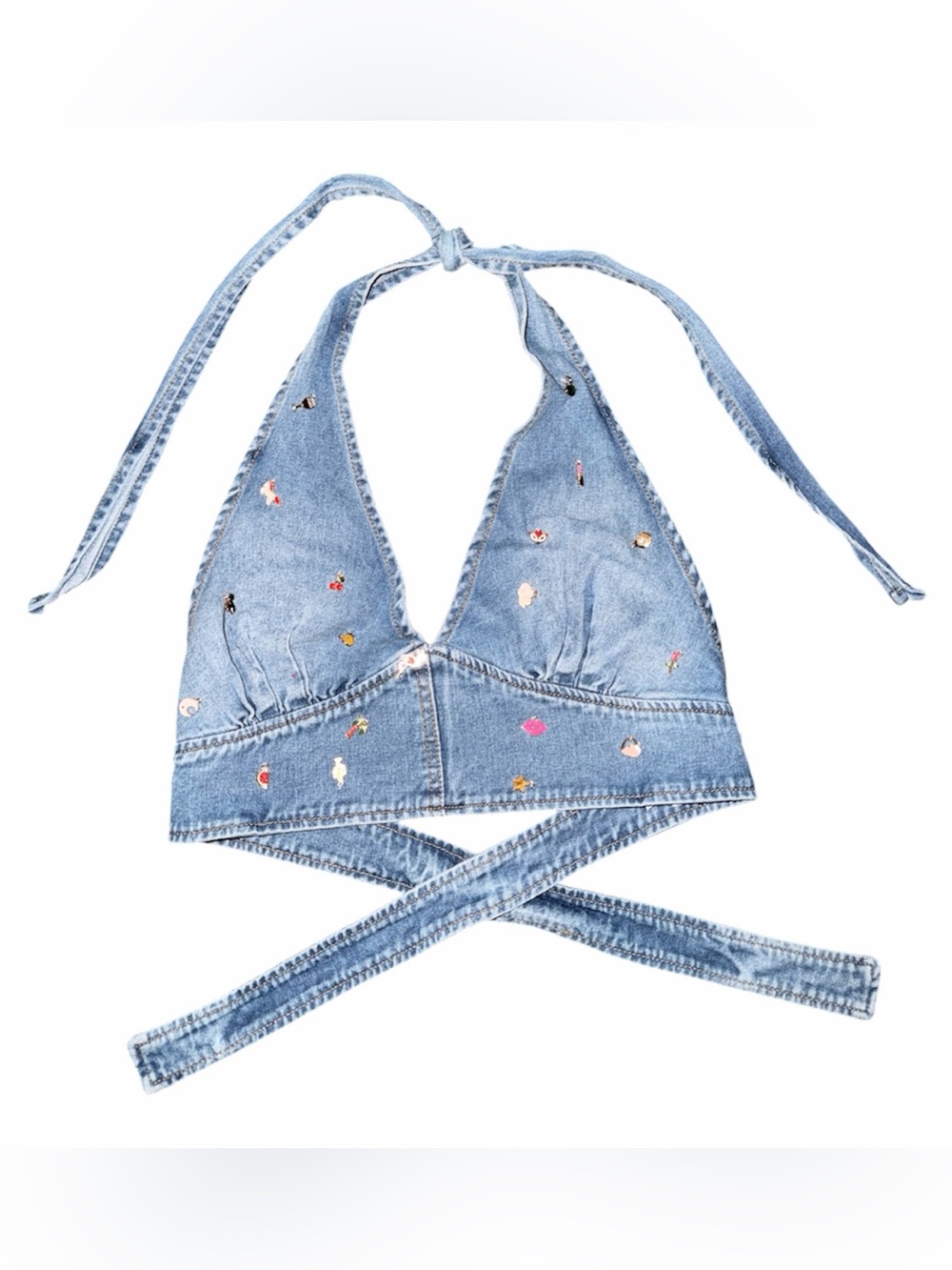 Blue Denim Embroidered Tie-Back Crop Top